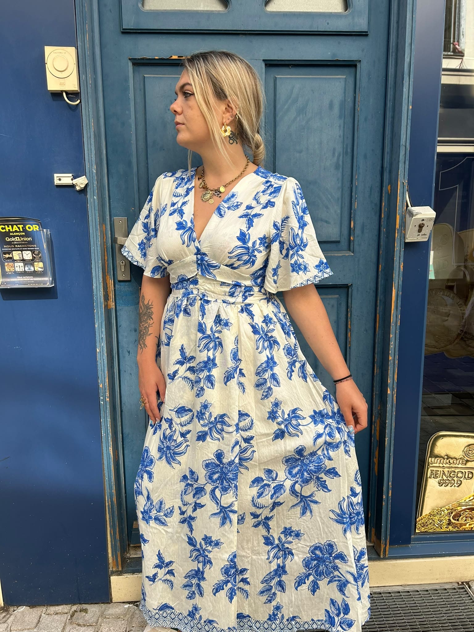 Robe longue imprimé floral bleu & blanc