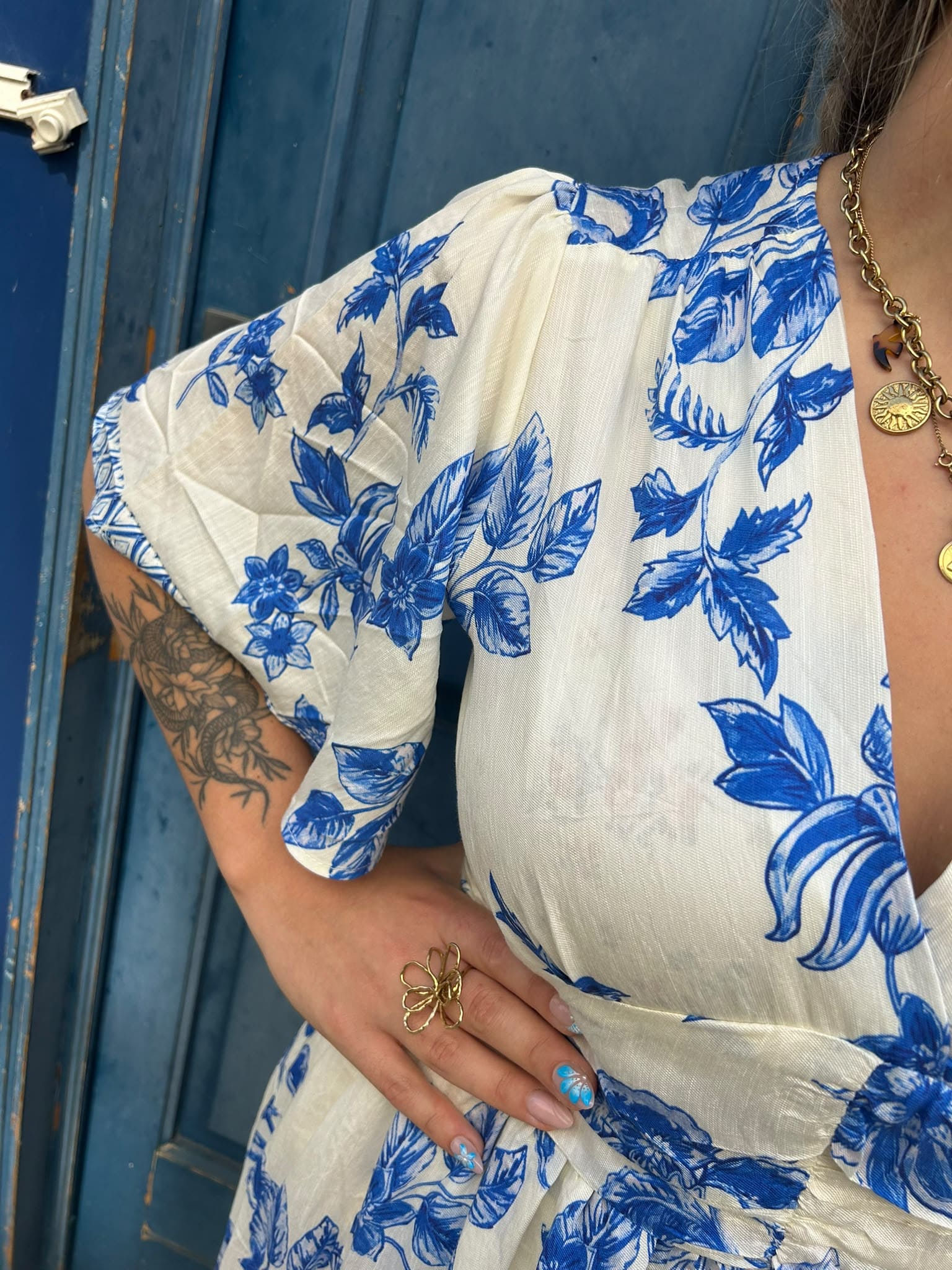 Robe longue imprimé floral bleu & blanc