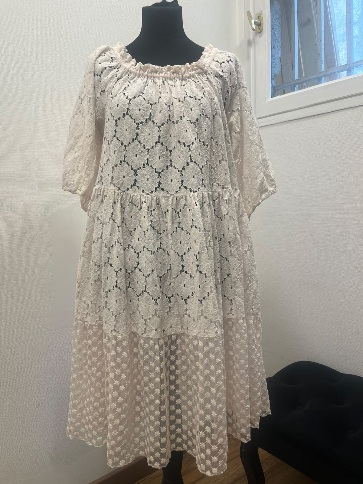 Robe longue en dentelle bohème rose poudré - Rhum Raisin : Taille L (P0726-485)