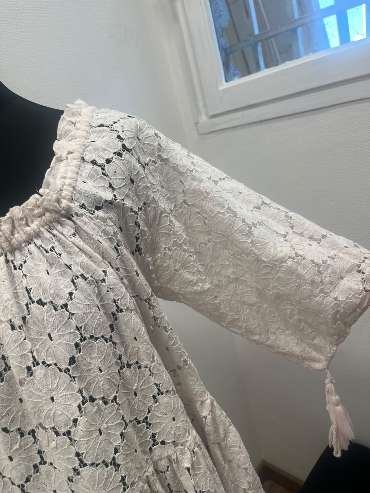 Robe longue en dentelle bohème rose poudré - Rhum Raisin : Taille L (P0726-485)