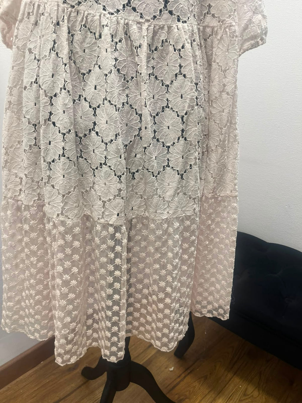 Robe longue en dentelle bohème rose poudré - Rhum Raisin : Taille L (P0726-485)
