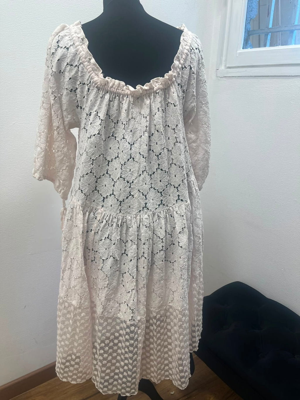 Robe longue en dentelle bohème rose poudré - Rhum Raisin : Taille L (P0726-485)