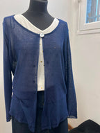 Gilet fluide en maille ajourée bleu marine à bouton nacre - TOSCANE : Taille 2 (P0726-398)