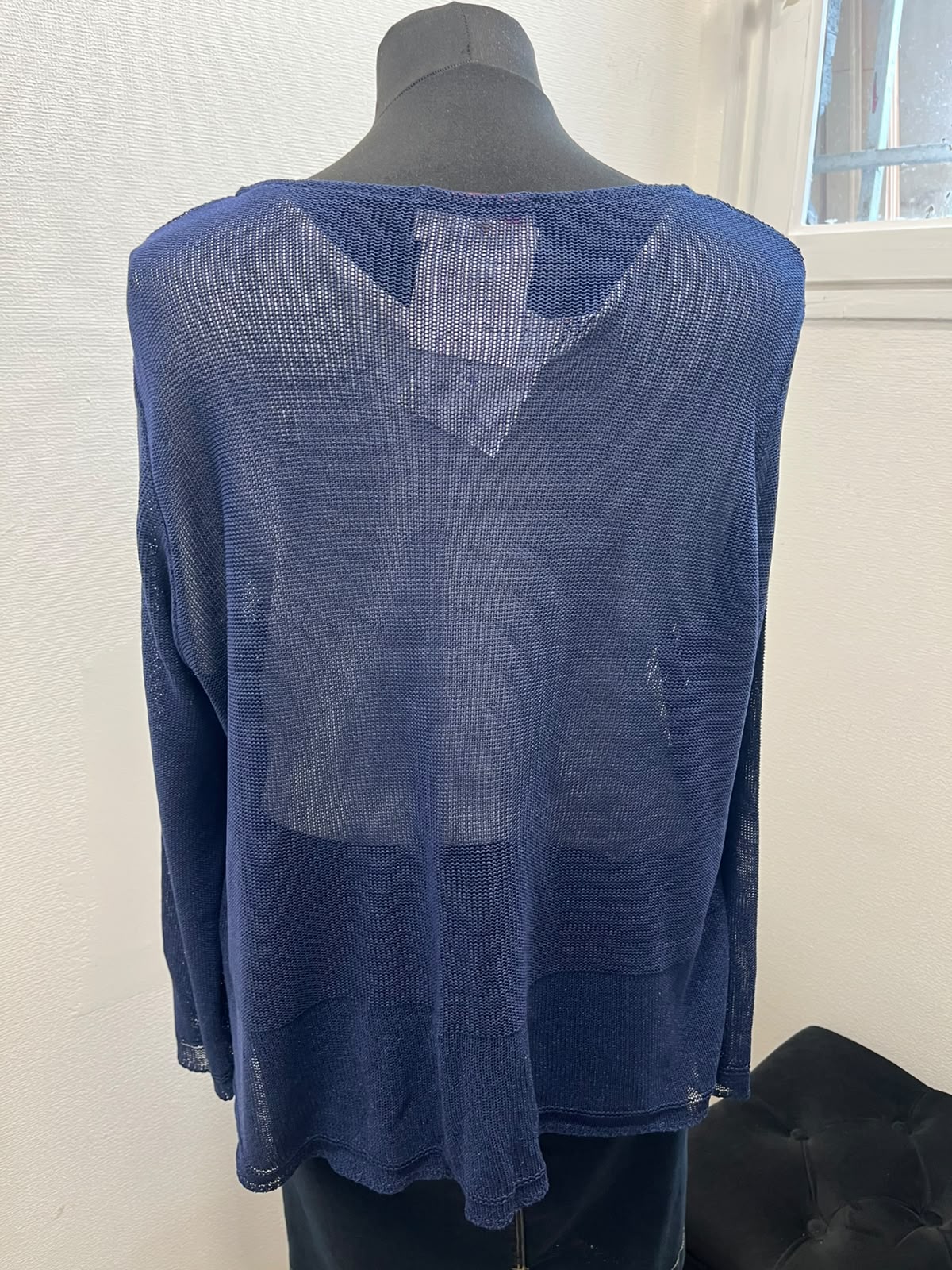 Gilet fluide en maille ajourée bleu marine à bouton nacre - TOSCANE : Taille 2 (P0726-398)