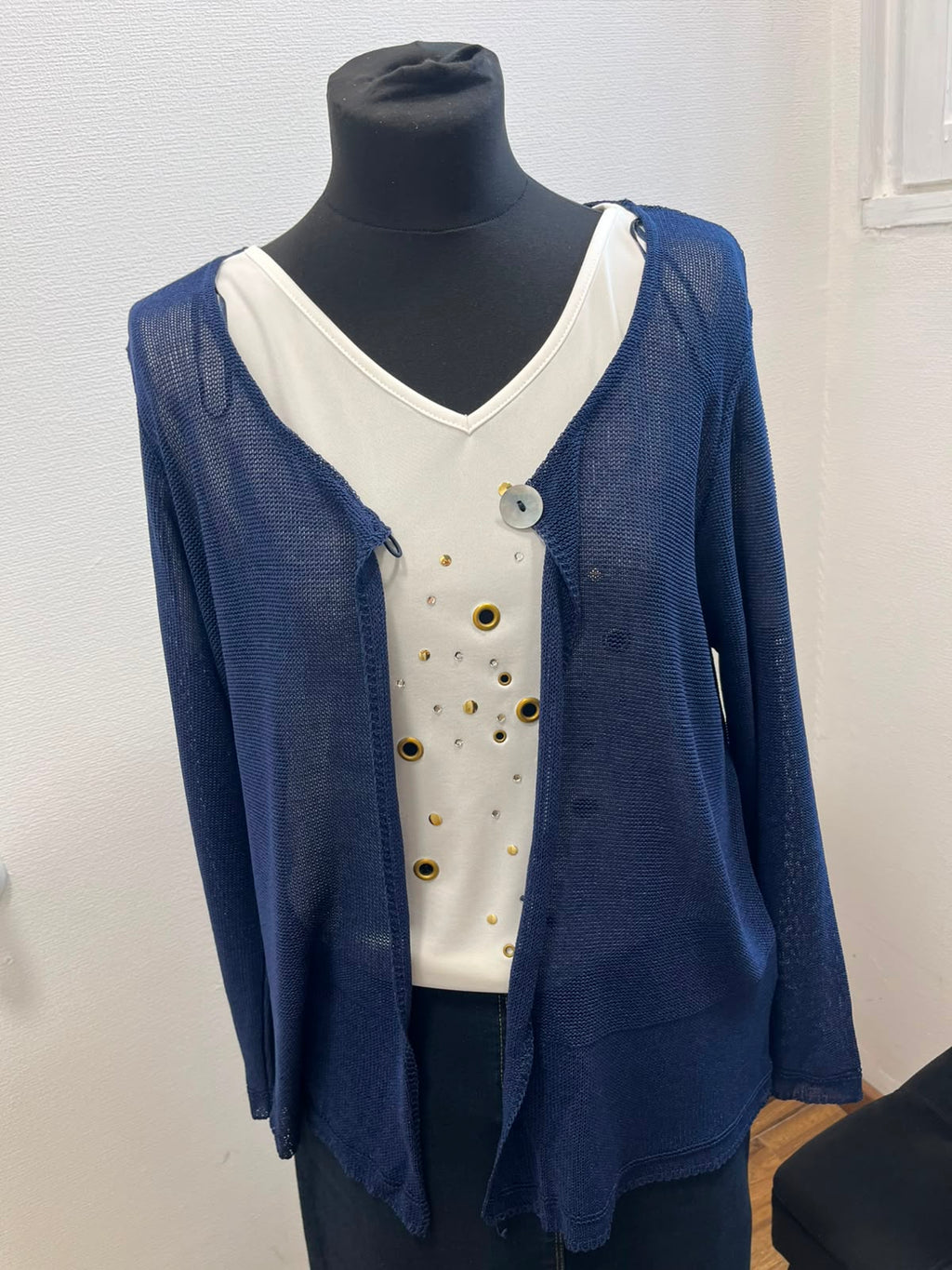 Gilet fluide en maille ajourée bleu marine à bouton nacre - TOSCANE : Taille 2 (P0726-398)