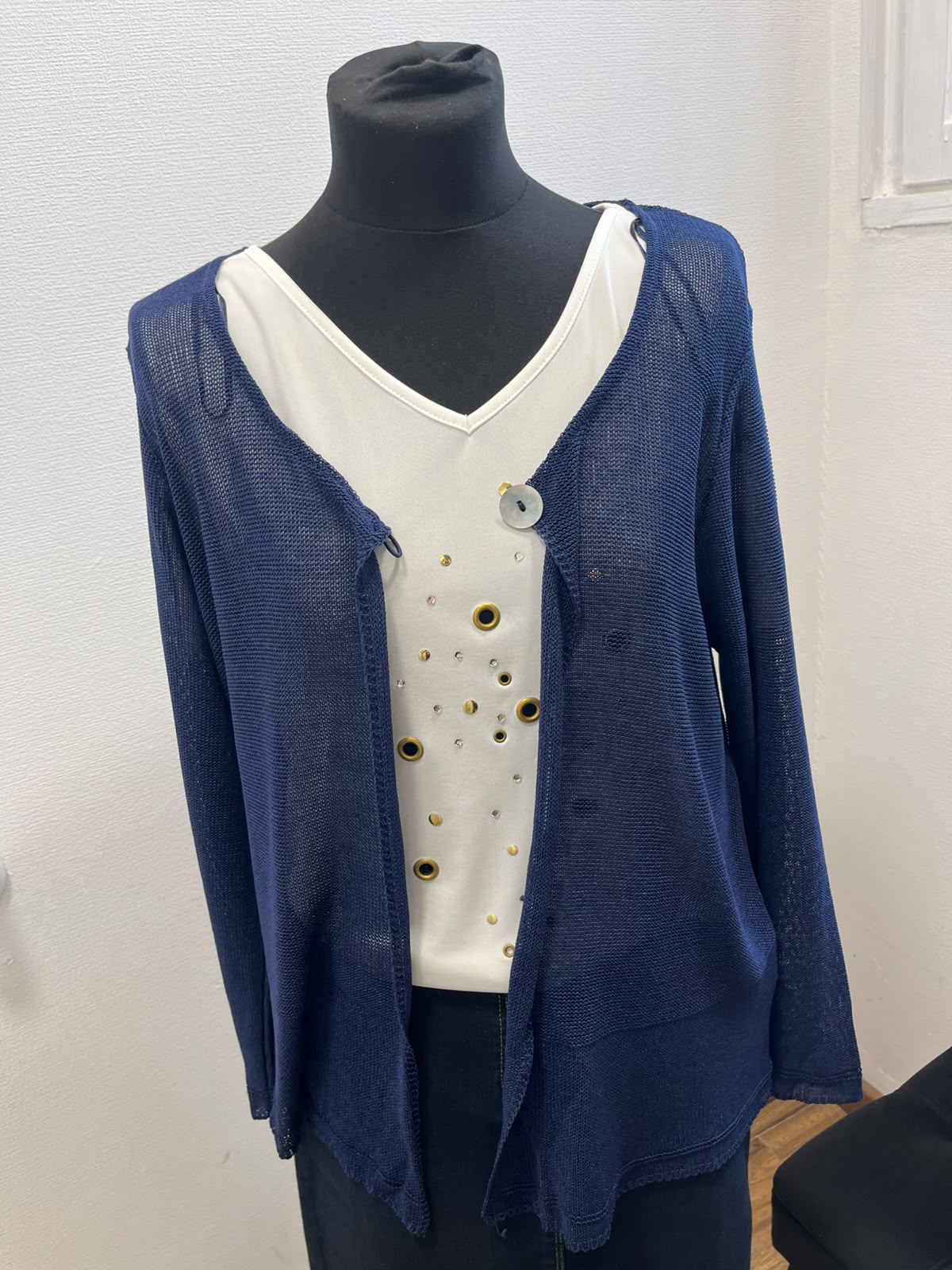 Gilet fluide en maille ajourée bleu marine à bouton nacre - TOSCANE : Taille 2 (P0726-398)