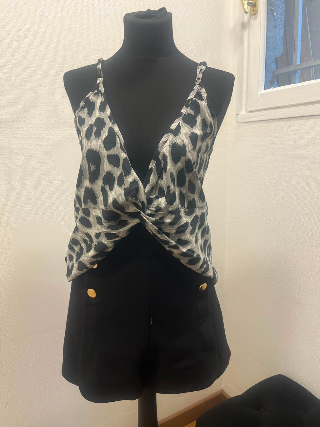 Débardeur satiné torsadé léopard gris - GNK : Taille Unique (P0726-47)