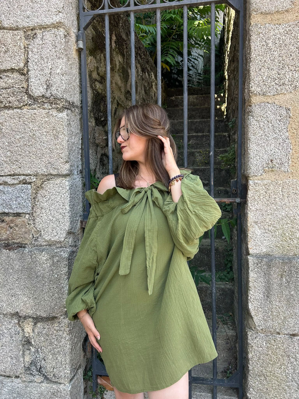 Robe courte en coton kaki