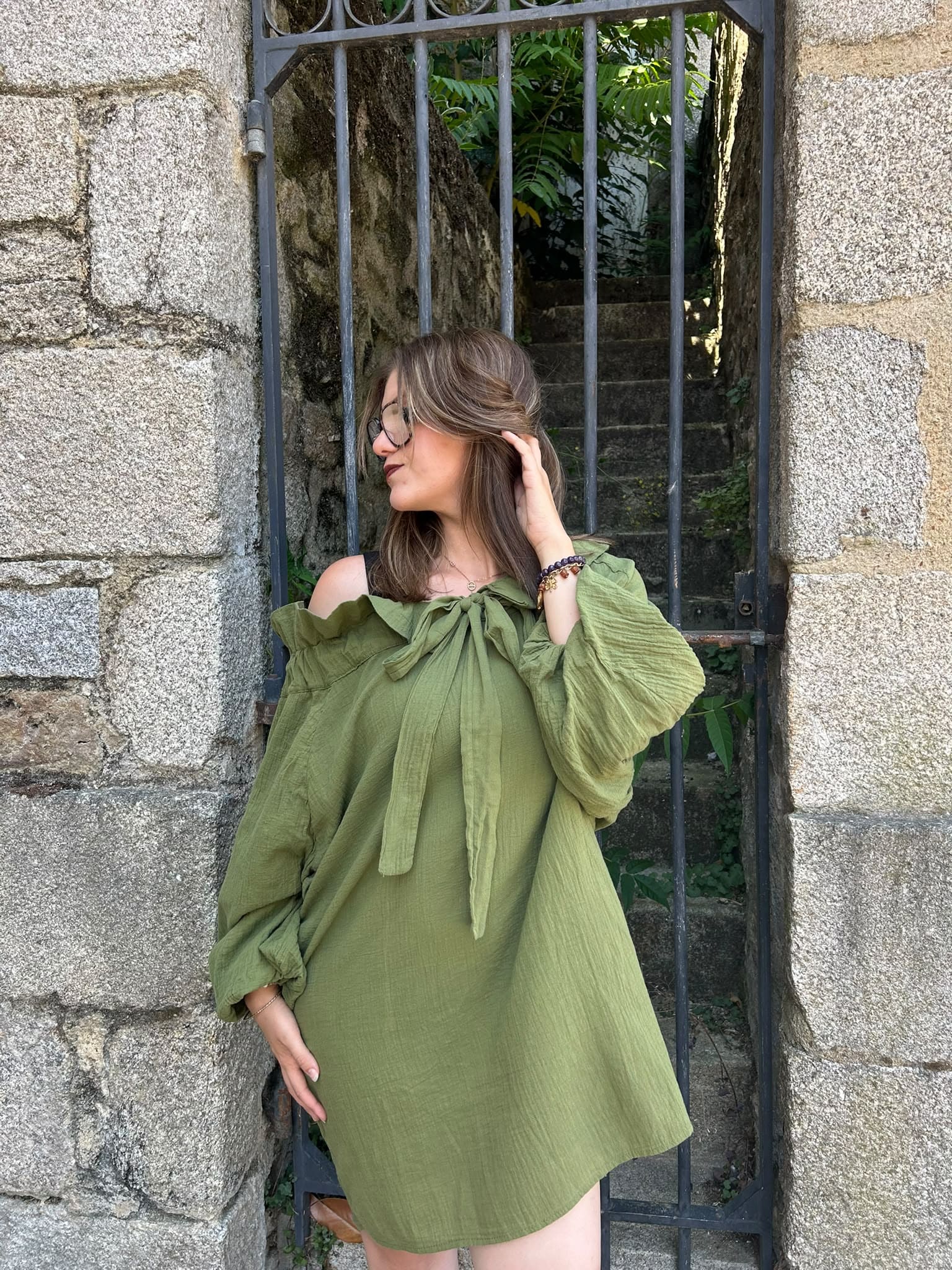 Robe courte en coton kaki