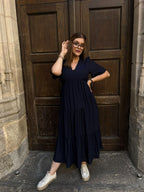 Robe longue évasée à volants